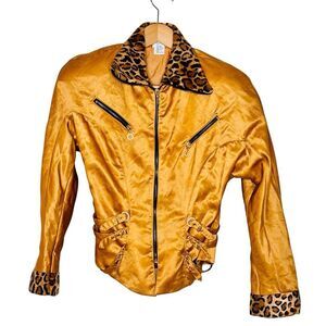 Vintage IIF Gold Satin Jacket Womens Size S Mob Wife Animal Print Jeweled Glam L